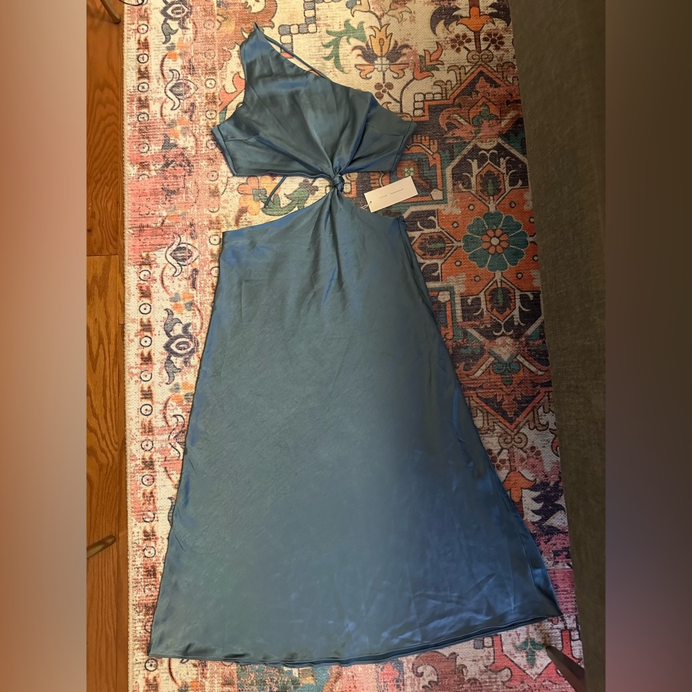 Muted Teal Satin One Shoulder Cut Out Dress